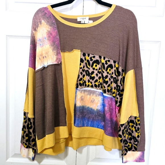 UMGEE Women's Size Medium Mustard & Brown Oversized Stretchy Flowy Tunic - Picture 1 of 3